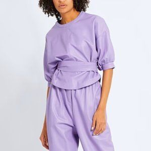 8 by YOOX Lilac Leather Puff Sleeve Wrap Belted Cropped Blouse Top